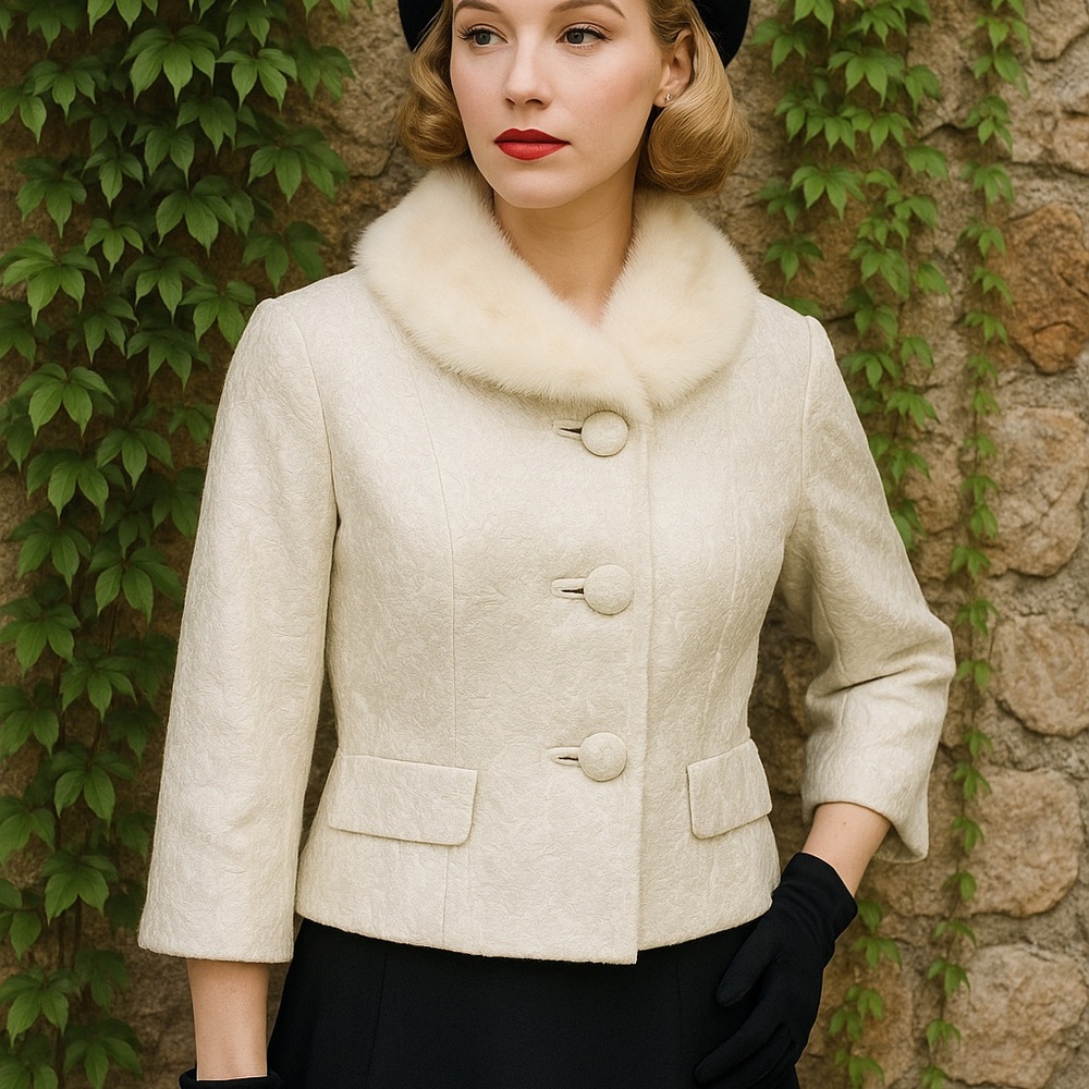 VINTAGE L. STAR Metallic Brocade Mink Collar Jacket, M